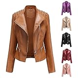 Dantazz Lederjacke Damen Wasserdicht Motorradjacke Bomberjacke Slim Kunstlederjacke mit Reißverschluss Retro Kurz Jacke Biker-Style Winddicht Jacke Einfarbig Niet Übergangsjacke