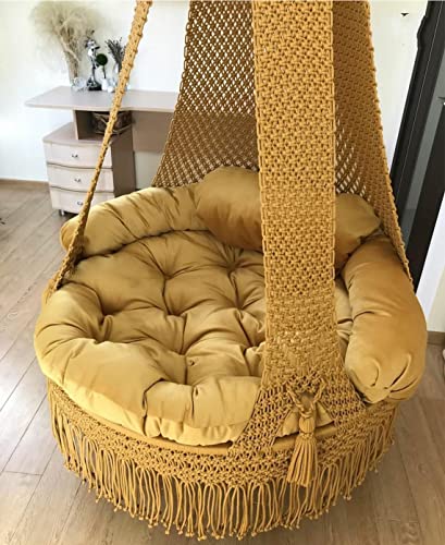 Image of KAAHIRA Bohemian Macrame Hanging Swing Chair- Aesthetic Cotton Rope Hammock for Indoor & Outdoor - Patio, Balcony, Bedroom, Living Room, Garden-Kids, Adults & Pets - Boho Decor (Yellow)