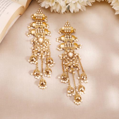 Image of Rubans Long Jhumka Earrings with Ear Chain Pearl Beaded Traditional Wedding Jewellery Gift for Women & Girls