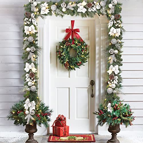 6FT Lighted Christmas Garland for Front Door, Artificial Pre-Lit Christmas Garland Decoration, Battery Operated Xmas Garland with Pinecones, Berries, Bows, Ball Ornaments, Silver