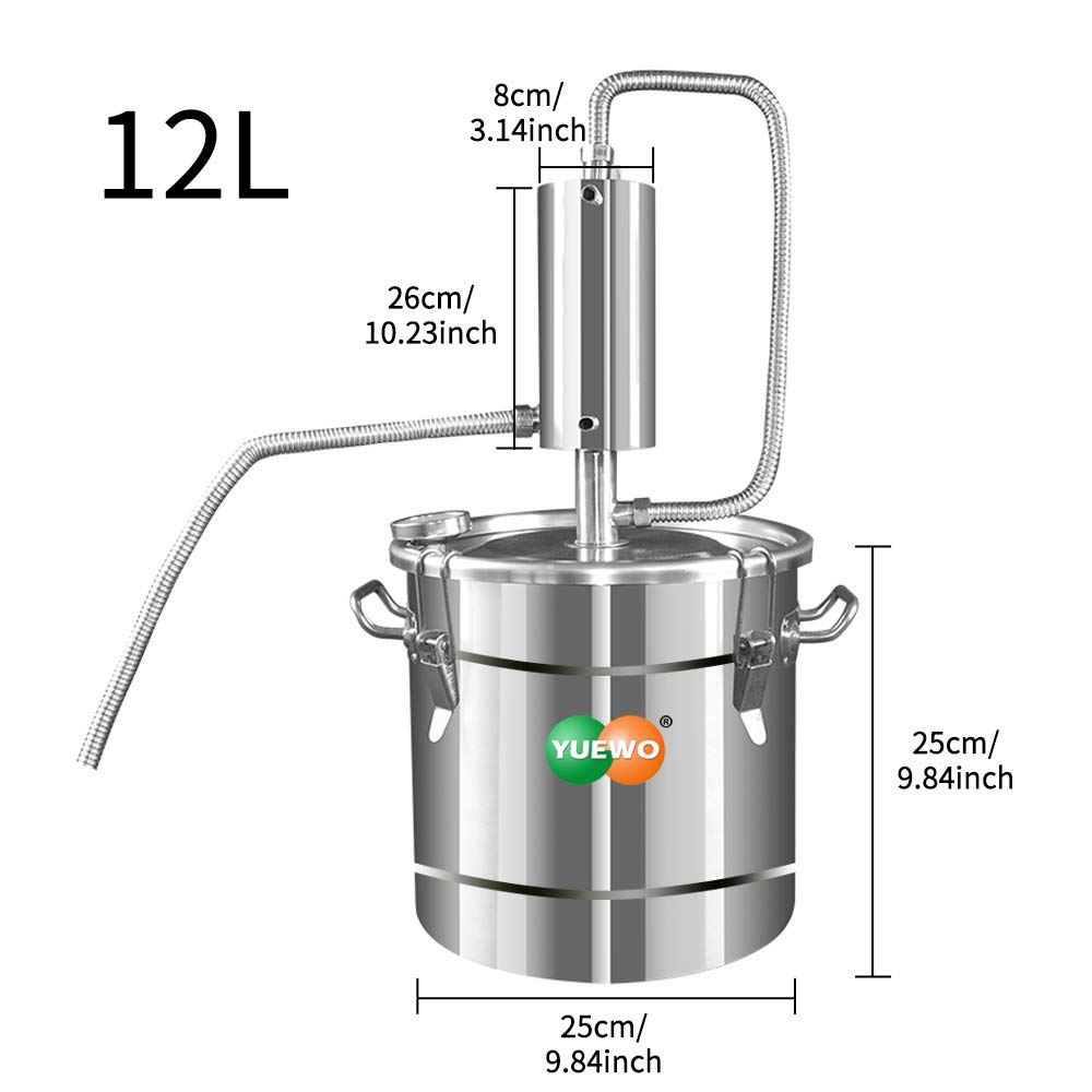 YUEWO 12 Liters/3 Gallon Home Distiller Still Spirits Alcohol Wine Making Cooling Tower with Thermometer/Water Pump for Whisky Water Essential Oil Stainless Steel (3 Gallon 12 Liters)