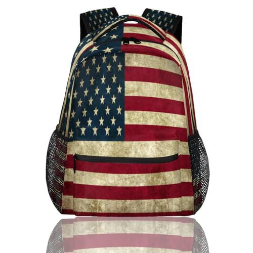 American Flag Backpack for School, Retro Rustic Patriotic USA Flag Laptop Backpack Water Resistant Bookbag for Casual Travel Hiking Camping Outdoor Daypack Shoulder Bag for Teenager Boys Girls Kid