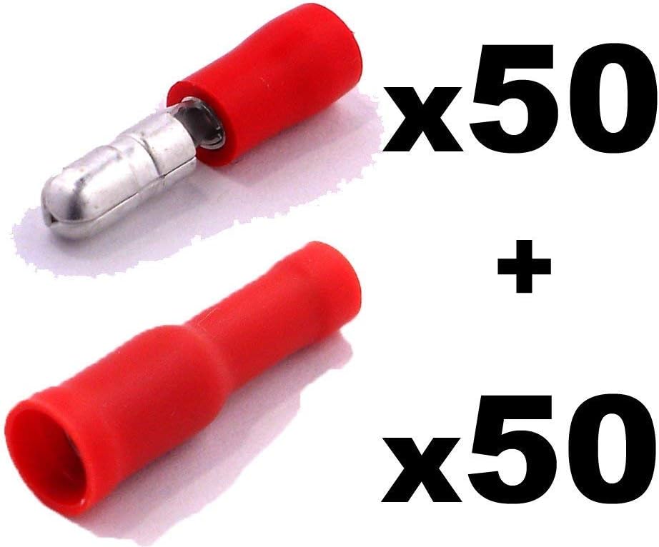 100x Red Bullet Connector Insulated Crimp Terminals for Electrical & Audio Wiring - 50x Female and 50 x Male - FREE FIRST CLASS UK POSTAGE!