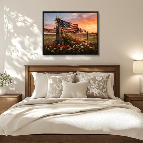 Image of American Flag Framed Canvas Wall Art, 4th of July Floral Canvas Prints, Wildflower Meadow Landscape Patriotic Decorations, Vintage Rustic Independence Day Wall Decor for Bedroom Living Room 20x24