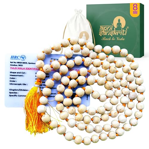 Image of Apnisanskriti Natural Tulsi Mala Holy Basil Prayer Beads 8mm 108+1 Beads Japa Mala Hand Knotted Rosary for Chanting Meditation Pooja Krishna Bhakti Men Women