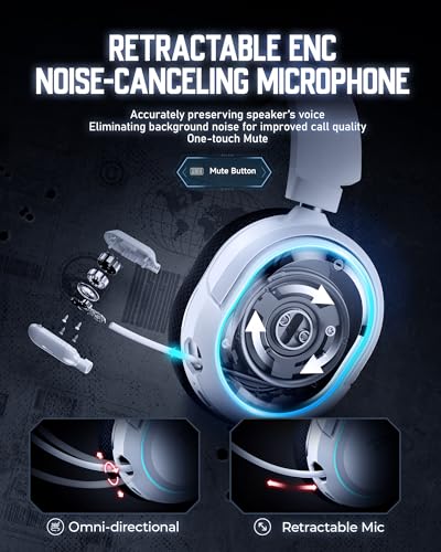 Image of Wireless Gaming Headset, 7.1 Surround Sound, 2.4GHz USB Gaming Headphones with Bluetooth 5.4, 100H Battery, ENC Noise Canceling Mic, RGB Light, Wireless Headset for PC PS5 PS4 Mac Switch (Black-White)