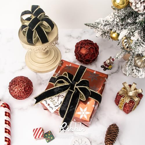 Image of Ribbli Black Velvet Wired Ribbon 1 Inch Metallic Black Gold Crushed Velvet Christmas Ribbon for Gift Wrapping Christmas Tree Decoration Crafts Wreaths Supplies-Continuous 10 Yards