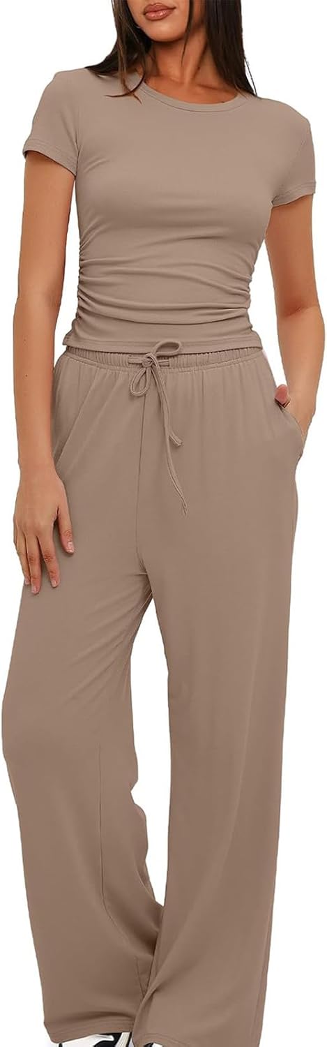 Women 2 Piece Set Outfit Summer Casual Tracksuit Short Sleeve Crop Tops and Drawstring High Elastic Waisted Wide Leg Pants Tracksuit Yoga Joggers Suit Lounge Wear Full Sets