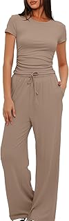 Mobeur Women 2 Piece Set Outfit Summer Casual Tracksuit Short Sleeve Crop Tops and Drawstring High Elastic Waisted Wide Leg Pants Tracksuit Yoga Joggers Suit Lounge Wear Full Sets