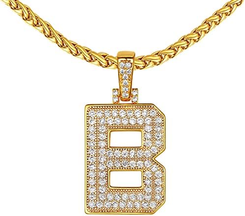 Capital Letter B Bling CZ Iced out Necklace For Men&Women Hip Hop 18K Gold Plated Custom Name Big Initial Pendant Crystal Diamond Personalized Jewelry for Rapper Boys 22inch Wheat Chain