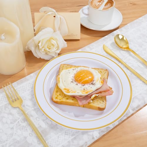 PULOTE 100PCS Gold Plastic Plates - 10 Inch White with Gold Trim Plastic Dinner Plates Disposable for Dinenr, Party, Wedding & Thanksgiving — view 3