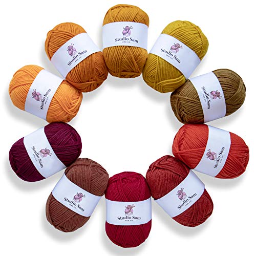 Studio Sam Acrylic Yarn Set. Ten Large 50g Skeins. Total 1030 Yards. for All Knitting, Crochet and Craft Projects. Orange and Brown (Autumn Collection)