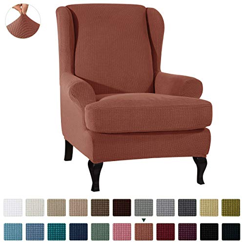 CHUN YI 2-Piece Stretch Jacquard Wing Chair Cover, Wing Back Wingback Armchair Chair Slipcovers with Arms Spandex Fabric Sofa Covers Furniture Protector(Light Gray)