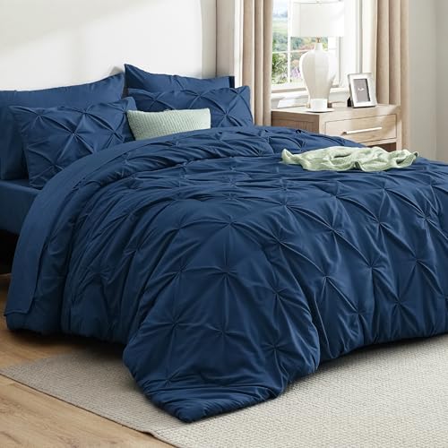 Bedsure California King Comforter Set Navy - Bed in a Bag California King Size 7 Pieces, GentleSoft™ Pintuck Bed Set Gift for Family, Pinch Pleat Navy Comforter with Sheets, Pillowcases & Shams