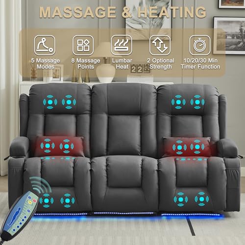 Image of URRED Power Loveseat Recliner Sofa with Massage and Heat, Wall Hugger Reclining Loveseat with Console, RV Couch Home Theater Seating with LED Lights for Living Room (Gray, 76.8 inch - 3 Seats)