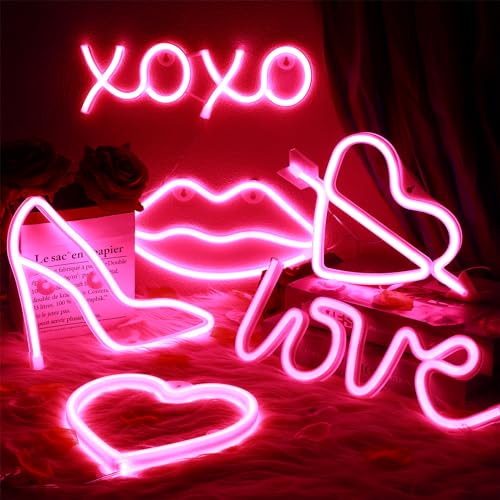 Image of Baquler 6 Pcs Valentine's Day Pink Neon Sign Neon Light LED Sign USB or Battery Operated Heart Neon Sign Wall Decor Lamp for Party Girl's Room Dorm Bedroom Wedding Bar Anniversary Decorations
