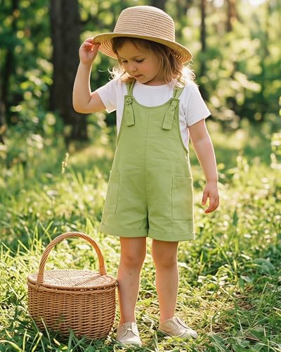 Image of HINTINA Toddler Girl Overall Shorts Set Adjustable Loose Jumpsuit Short Sleeve T-shirt Vacation Summer Outfits with Pockets