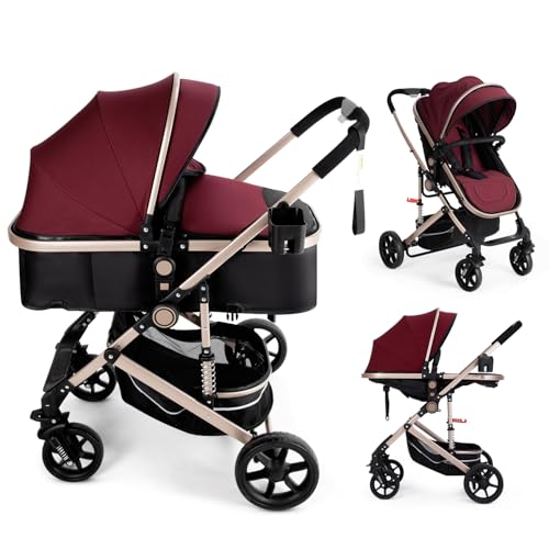 PEARLOVE 2 in 1 Convertible Baby Stroller Newborn Reversible Bassinet Pram, Foldable Pushchair with Adjustable Canopy Folding High Landscape Infant Carriage, Anti-Shock Toddler Pushchair