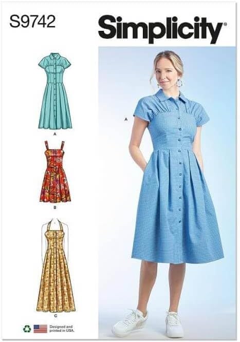 Simplicity Misses' Önden Düğmeli Elbise Dikiş Desen Paketi, Kod S9742, Bedenler 12-14-16-18-20, Çok Renkli