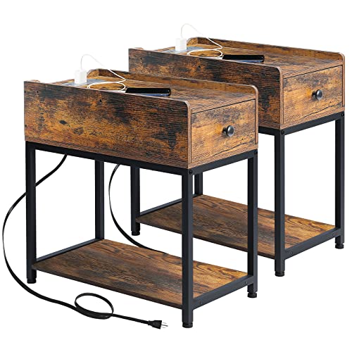 Amhancible End Tables Living Room Set Of 2 With Charging Station, Small Nightstand With Drawer, Bedside Tables With Usb Ports & Outlets, Slim Side Table For Small Spaces, Bedroom, Couch, Het04Ldbr #TOP4