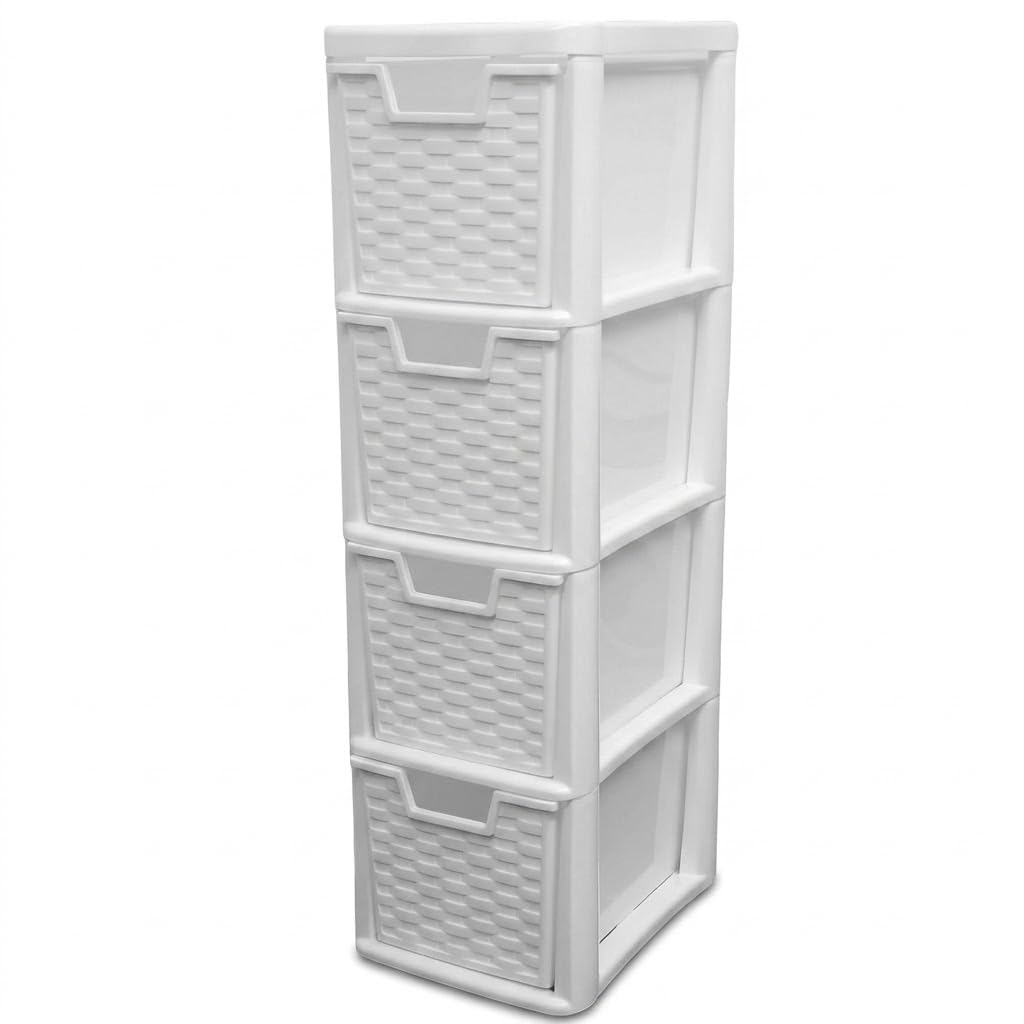 ORYNTO Medium Rattan Effect Plastic Storage Drawers Tower Spacious Plastic Drawers Organizer Unit for Home Office Bedroom Garage Durable Stylish Multi Purpose Storage Drawers (4 Tier, Rattan White)