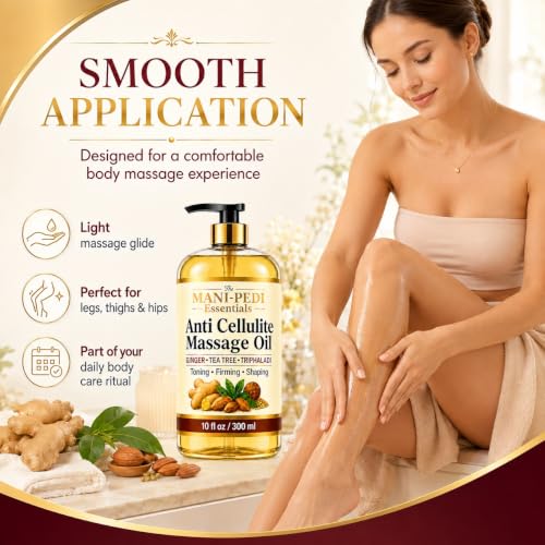 Image of TMPE Anti-Cellulite Massage Oil with Triphaladi, Ginger & Tea-Tree Oils | Toning, Firming & Shaping. No More Bumpy Skin, Strawberry Legs| Shape-Up Slimming | Cellulite Remover for Legs - 300ml (Pack Of 2)