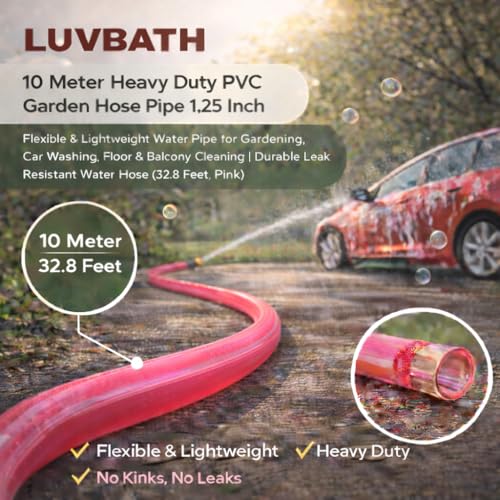 Image of LUVBATH Heavy Duty PVC Garden Hose Pipe 10 Meter 1.25 Inch, Flexible & Lightweight Water Pipe for Gardening, Car Washing, Floor & Balcony Cleaning, Leak Resistant Pink Hose Pipe