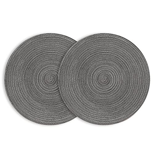Manteles individuales redondos trenzados, color gris oscuro, antideslizantes, lavables, para mesa de comedor, cocina, juego de 2 30 x 30 cm