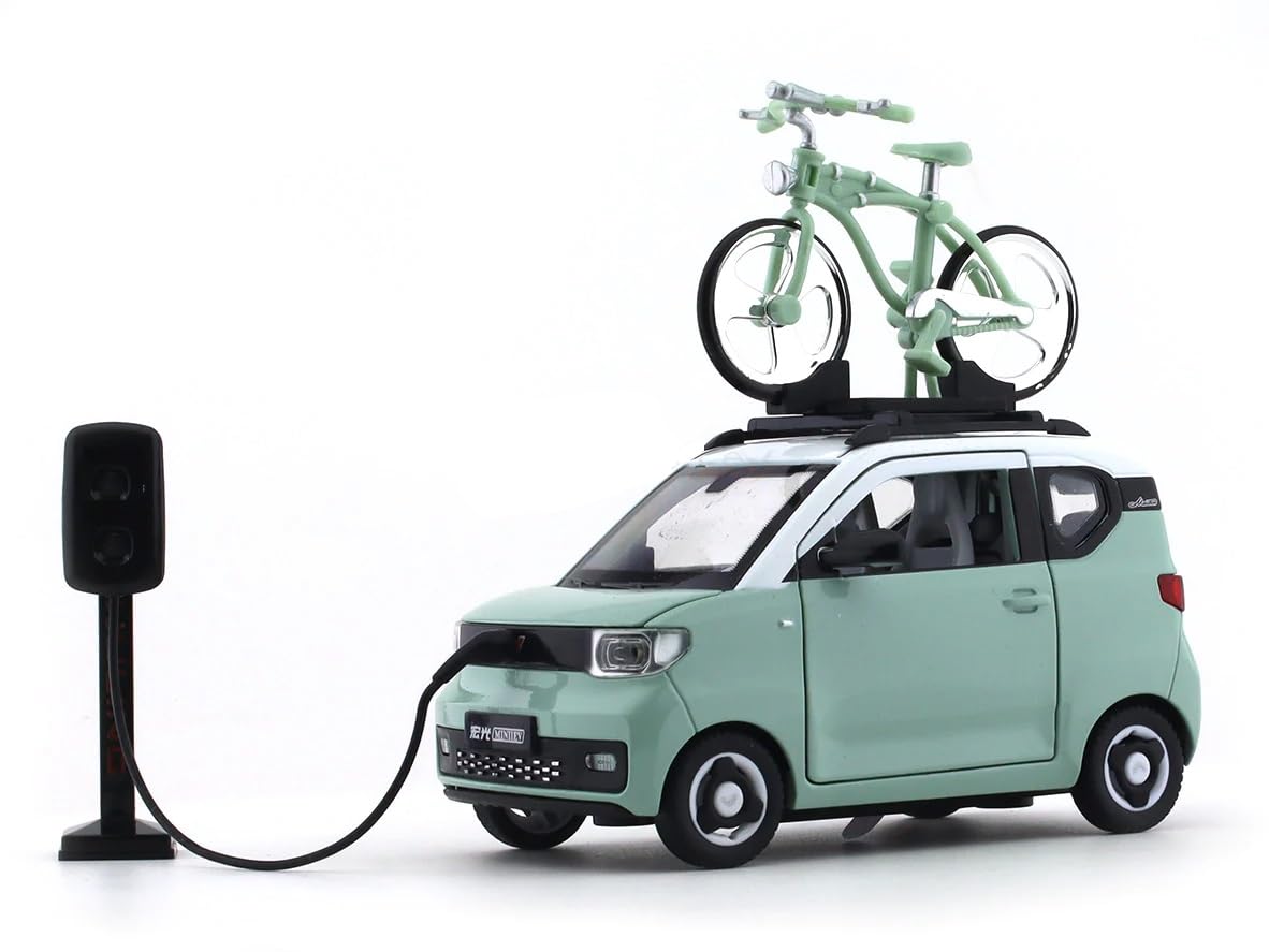 Bestie toys1:24 Scale Die-Cast Wuling Car with Bicycle Charger Openable Doors Pull Back Action Working Headlights & Tail Lights Alloy Model Vehicle Sound Light