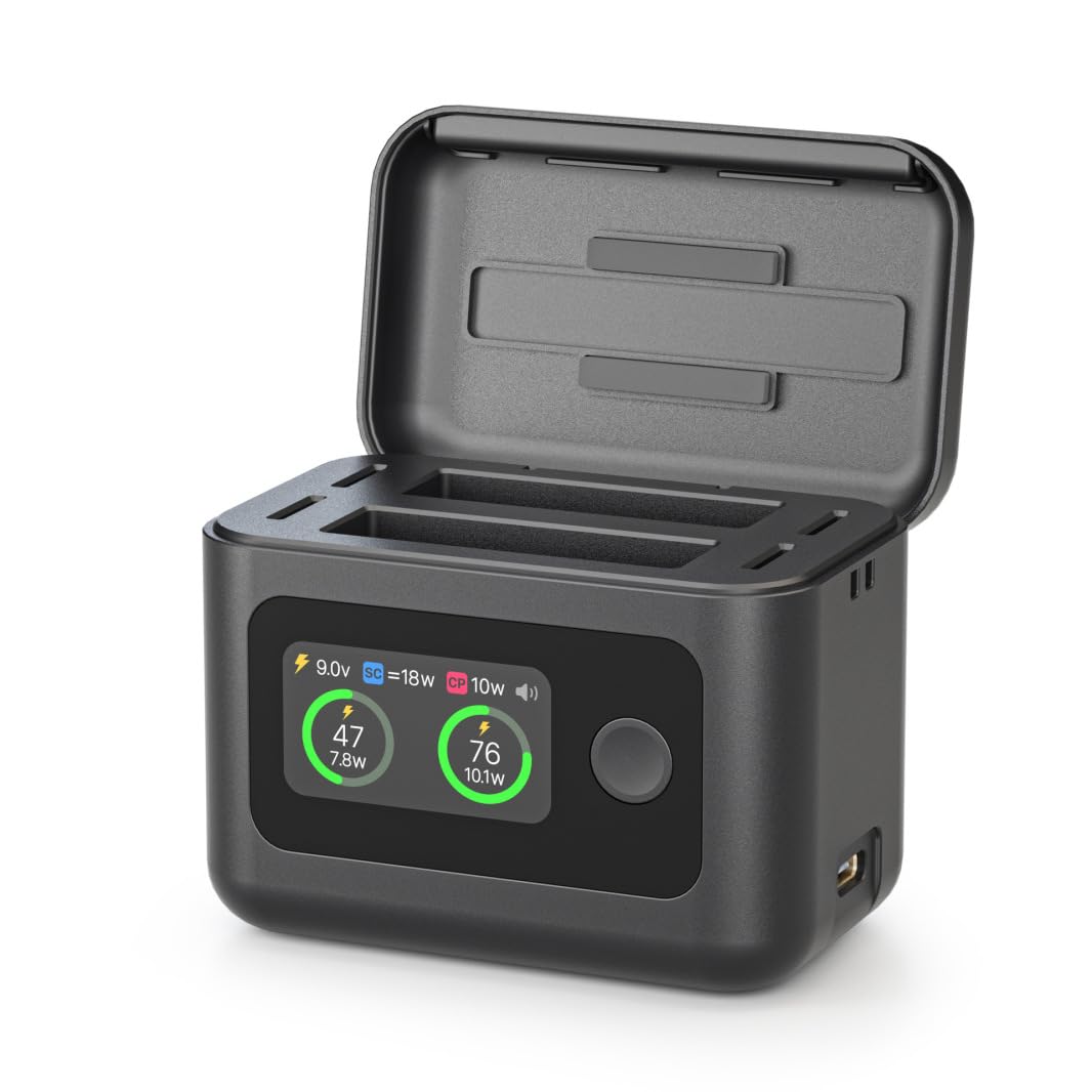 Caja de Carga de Batería Portátil de Doble Ranura para Insta360 X6 Concentrador de Carga Inteligente con Pantalla LCD Estuche de Almacenamiento de Cargador de Batería Rápido de 27W，Black，Black