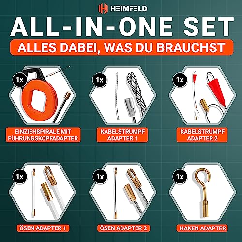 HEIMFELD® Kabeleinziehhilfe 30M - Hochwertige Einziehspirale inkl. 6 Adapter - Zugdraht für Leerrohre mit bruchsicherem Kabel [4mm] - Einziehfeder mit verbesserter Version [2024] - Einziehhilfe