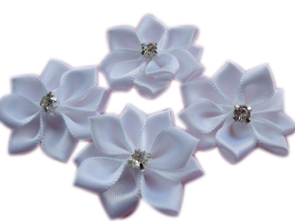 YYCRAFT 30 Satin Sewn Ribbon 1.25" Flowers A+ Rhinestone Appliques Craft DIY Wedding (White)