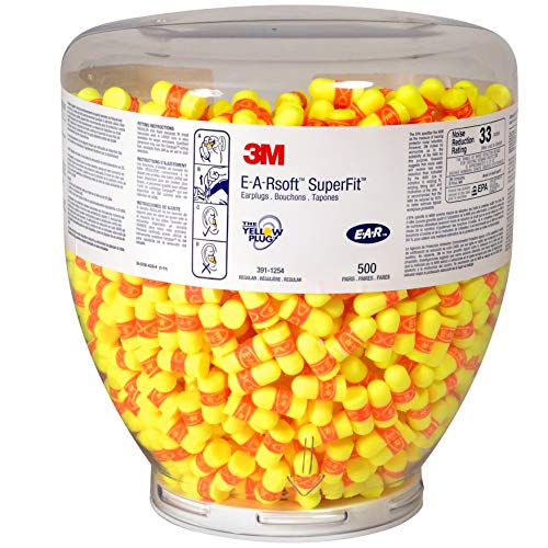 3M Ear Plugs, 500 Pair/Refill Bottle for One Touch Dispenser, E-A-Rsoft SuperFit 391-1254, Uncorded, Disposable, Foam, NRR 33, Drilling, Grinding, Machining, Sawing, Sanding, Welding, Yellow/Red