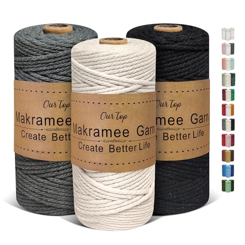 OurTop 3 Rolls Premium Macrame Cord 3mm x 100m Braided Macrame Rope Twisted Cord Yarn Macrame Yarn Thick Rope for Wall Hangings Plant Hangers DIY Crafts(Beige Grey Black)