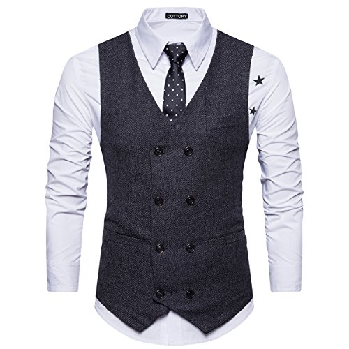 COTTORY Men's Vintage Slim Fit Double-Breasted Solid Suit Vest
