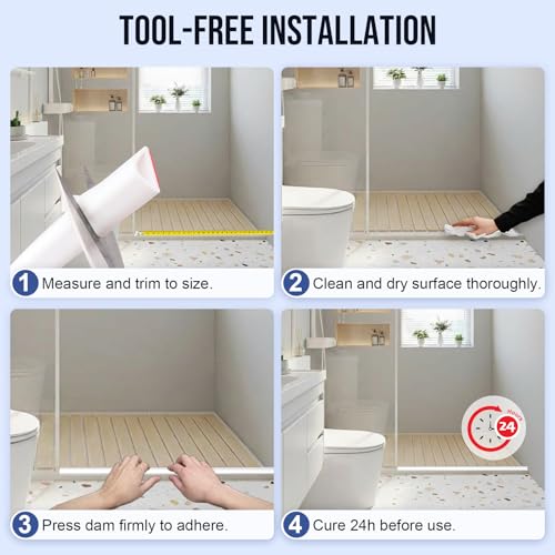 Jobon Shower Threshold Water Dam Guard- (98 Inch) Collapsible Silicone Barrier for Walk-in Showers - Self-Adhesive Bathroom Floor Water Stopper for Wet/Dry Separation - White by Jobon - Used condition - Image 7