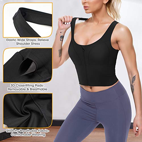 Women Zip Front Sports Bras Longline Fitness Crop Tops Tank Gym Yoga Workout Shirts (Black, Medium) #TOP3