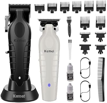 KEMEI Hair Clippers and Trimmers Set Professional, Barber Clipper for Hair Cutting, Cordless Trimmers for Barbers, T-Blade Grooming Kit with 11 Guide Combs for Family, KM-2296, KM-PG2299 Gray