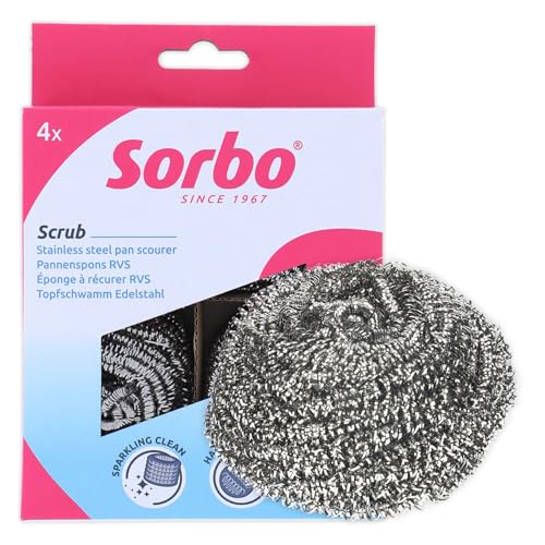 Sorbo Stainless Steel Pan Scourers 4 Pack Strong & Durable Scrubbers for Tough Cleaning Tasks Perfect for Pots Pans BBQs and Ovens