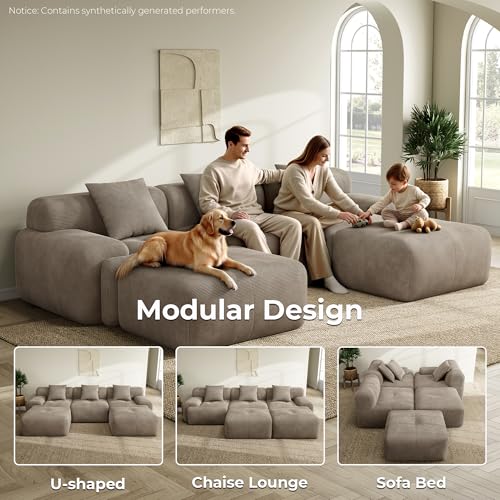 Image of LIKIMIO LumiCord Modular Sectional Sofa with 2 Ottomans, 118 inch U-Shaped Boneless Couch for Living Room, Oversized Deep Seat with Corduroy Upholstery, No Assembly Required, Light Brown