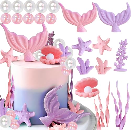 24 Piezas Decoración De Pastel De Sirena, Decoración Tartas Cumpleaños, Decoración de Pastel para Fiesta Infantil, Tarta Cumpleaños Temática, Accesorios para Pasteles Toppers para Tartas de Fiesta