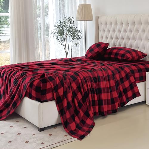 Elegant Comfort Luxuriously Soft 4-Piece Velvet Plush Flannel Sheet Set - Premium Quality - Cozy Warm, Anti-Static, Non Pilling Fuzzy Velvet Flannel Fleece Deep Pocket Sheet Set - Queen, Buffalo Red