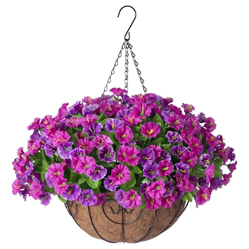 Artificial Hanging Flowers with Basket Faux Silk Petunias Flower Arrangement Coconut Lining with Morning Glories Fake Plants Patio Garden Porch Deck Spring Summer DecorLotus and Fuchsia