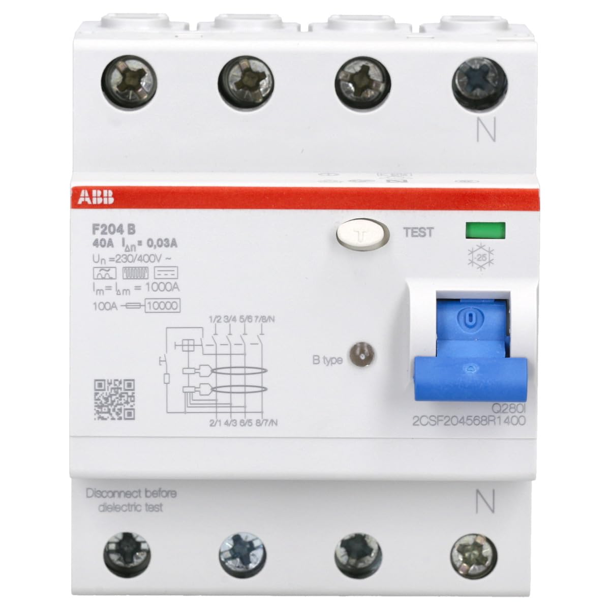 ABB F204 B-40/0.03 FI-Schutzschalter Typ B – RCD 4-polig, 40 A, 30 mA, allstromsensitiv, 10 kA, 4TE, für PV & Frequenzumrichter 2CSF204568R1400