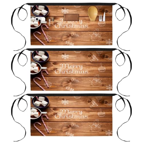 Tablier court de chef pour cuisine et bistrot Lot de 3 demi-tabliers à poches Merry Christmas