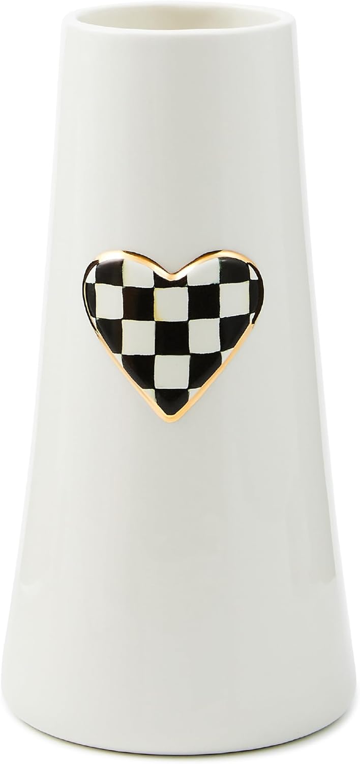 MACKENZIE-CHILDS Ceramic Heart Vase, Unique Decorative Vase, Tall, Black-and-White Courtly Check
