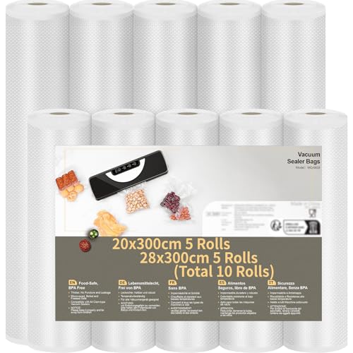 Rouleau Sous Vide Alimentaire, 10 Rouleau Film Sous Vide Alimentaire sans BPA, 5 Rouleaux 28x300cm et 5 Rouleaux 20x300cm Sac Sous Vide Alimentaire pour...