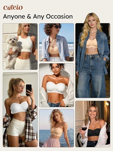 Image of Strapless Bras for Women, XS-XL, Front Closure Anti-Slip Comfortable Bandeau Top, Wavy Edge Padded Bra
