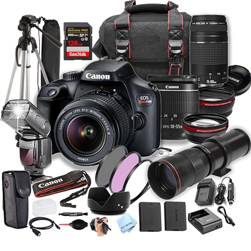 Canon Rebel T100 (EOS 4000D) w/18-55mm & 75-300mm + 420-800mm Super Telephoto Lens + 128GB Extreme Speed Card, Case, Tripod,TTL Speedlite, Spare Battery, Filters, More (Extreme Pro-Bundle) (Renewed)