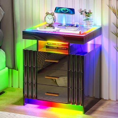 HNEBC LED Nightstand with Charging Station,Smart Bedside Table with Motion Sensor Lights,3 Drawers,Tempered Glass Top,High Gloss End Table with 3 Color Lights for Bedroom, Living Room,Office